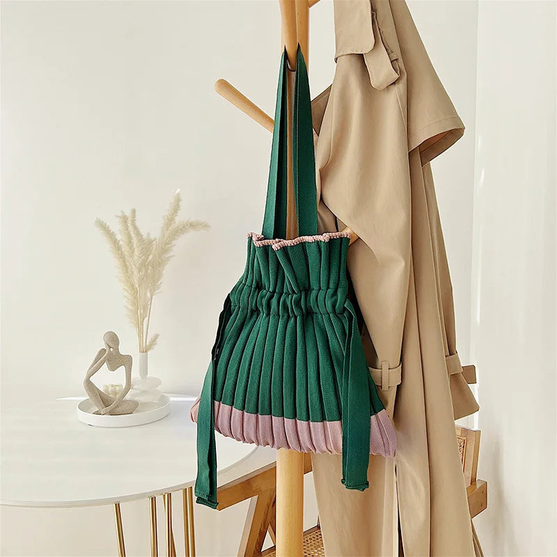 Winter Women Shoulder Bag Solid Knitted Totes Large Capacity Daily Retro Handbag