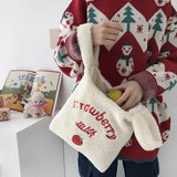 Winter Women Small Plush Tote Warm Cloth Wrist Bags Embroidery Soft Handbag