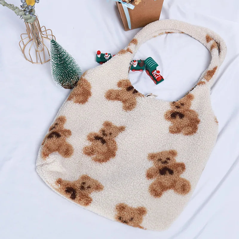 Winter Women's Cartoon Handbags Faux Lamb Swool Plush Shoulder Bag
