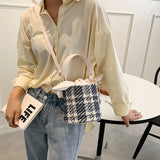 Vintage Check Drawstring Bucket Bag Winter Women's Woolen Cloth Shoulder Bag