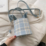 Vintage Check Drawstring Bucket Bag Winter Women's Woolen Cloth Shoulder Bag