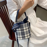 Vintage Check Drawstring Bucket Bag Winter Women's Woolen Cloth Shoulder Bag