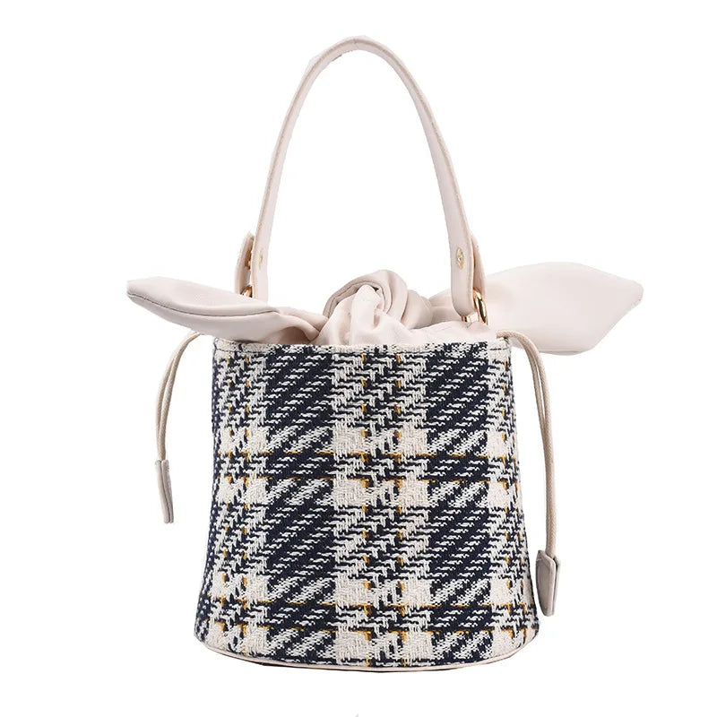 Vintage Check Drawstring Bucket Bag Winter Women's Woolen Cloth Shoulder Bag
