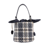 Vintage Check Drawstring Bucket Bag Winter Women's Woolen Cloth Shoulder Bag