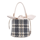 Vintage Check Drawstring Bucket Bag Winter Women's Woolen Cloth Shoulder Bag
