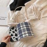 Vintage Check Drawstring Bucket Bag Winter Women's Woolen Cloth Shoulder Bag