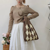 Plaid Knitted Shoulder Bag Winter Wool Handbag for Women