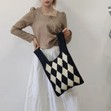 Plaid Knitted Shoulder Bag Winter Wool Handbag for Women