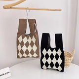 Plaid Knitted Shoulder Bag Winter Wool Handbag for Women