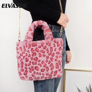 Leopard Fur Winter Shoulder Bag Chain Large Plush Handbag Messenger Bag