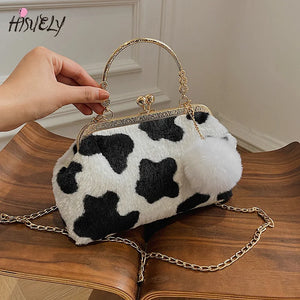 Winter Plush Dinner Bag Women Metal Chain Shoulder Messenger Bag