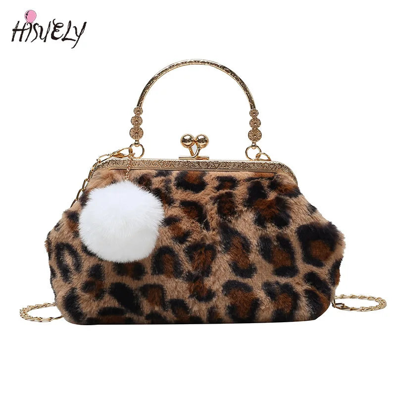 Winter Plush Dinner Bag Women Metal Chain Shoulder Messenger Bag