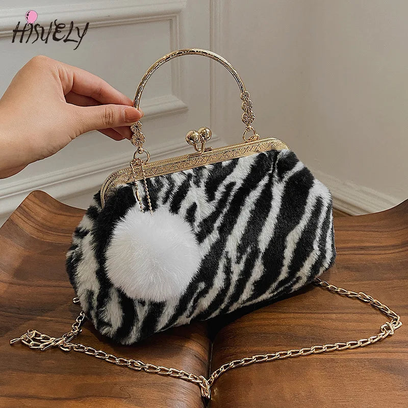 Winter Plush Dinner Bag Women Metal Chain Shoulder Messenger Bag