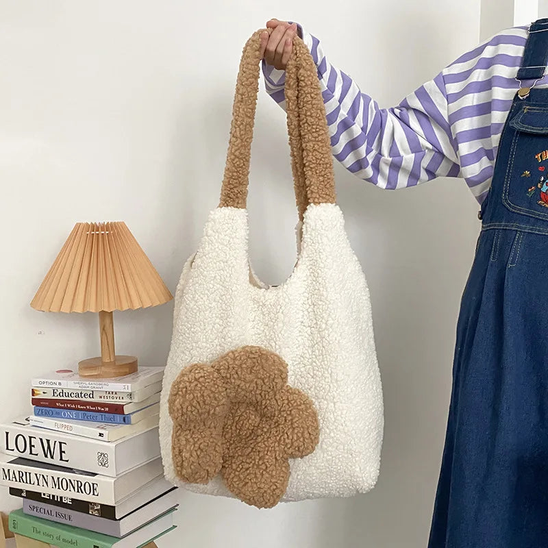 Winter Plush Shoulder Bag for Women Lamb Wool Shopping Handbag