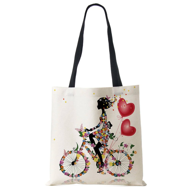 Wishing Girl Print Linen Reusable Shopping Bags Women Large Tote Bags Handbags