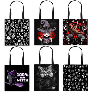 Witch & Cat Print Handbag Causal Totes Bag for Travel Shopping
