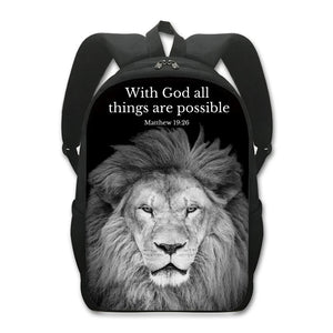 God All Things Possible Lion Backpack Bible Verse Rucksack