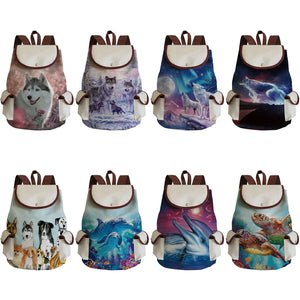 Wolf Print Backpack Women Drawstring High Capacity School Bag