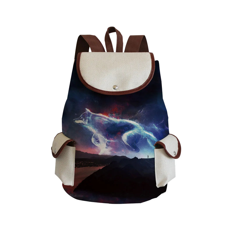 Wolf Print Backpack Women Drawstring High Capacity School Bag