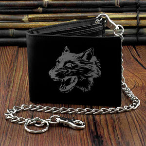 Wolf Leather Mens Bi-Fold Wallet w/ Biker Chain