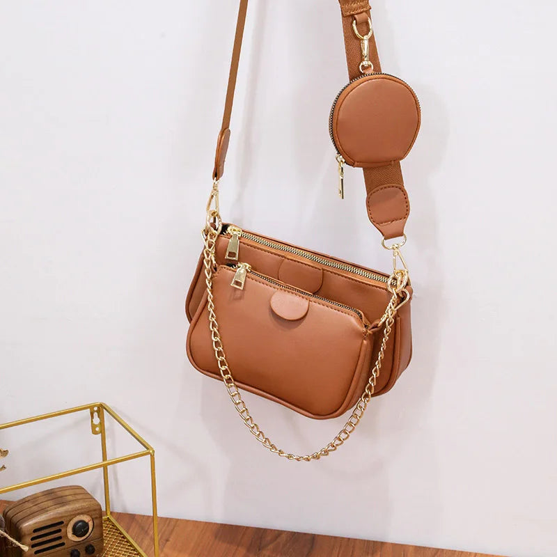 Leather Crossbody Bag Set Wide Straps 3 Pcs