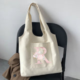 Pink Flower Initial Name Graphic Print Beige Tote Bag