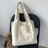 Pink Flower Initial Name Graphic Print Beige Tote Bag