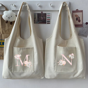 Pink Flower Initial Name Graphic Print Beige Tote Bag