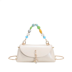 Mini Leather Cluthes Beads Handle Handbag for Woman