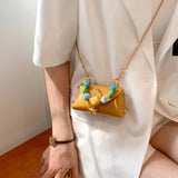 Mini Leather Cluthes Beads Handle Handbag for Woman