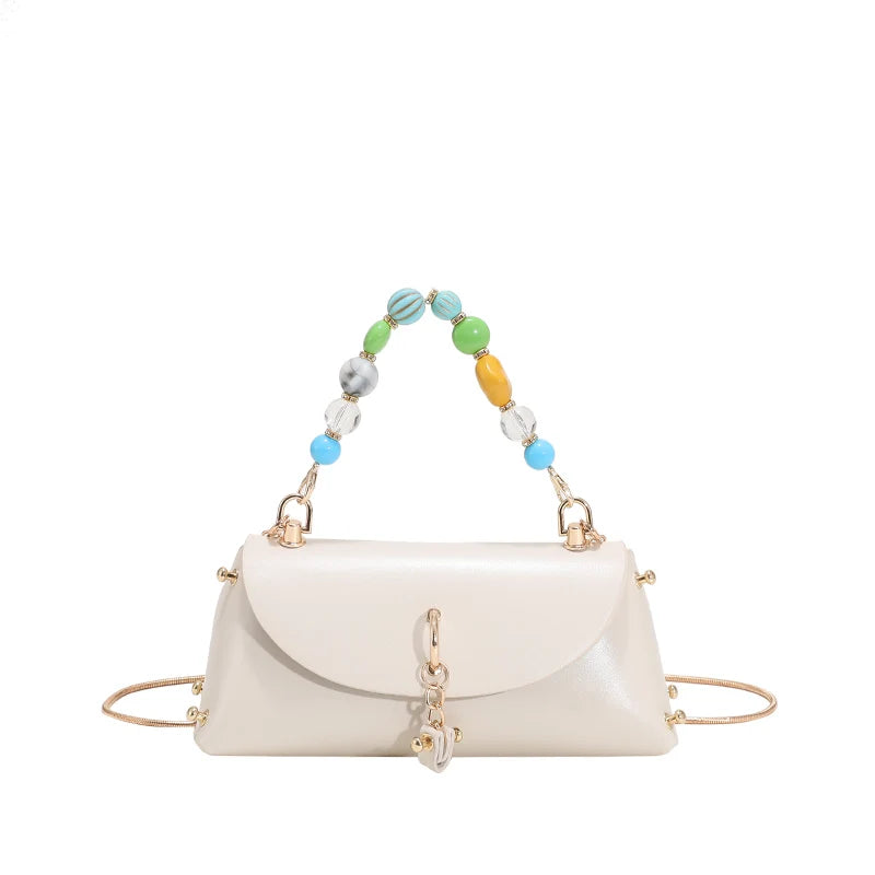 Mini Leather Cluthes Beads Handle Handbag for Woman