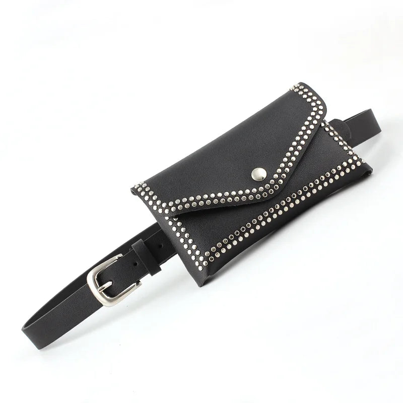 Vintage Rivet Waist Belt Bag Phone Pocket PU Leather Lady Fanny Pack