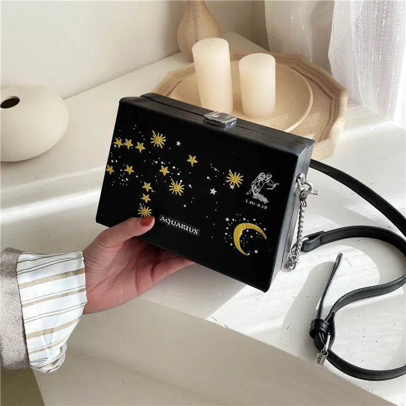 Women 12 Constellations Crossbody Flap Embroidery PU Leather Handbag