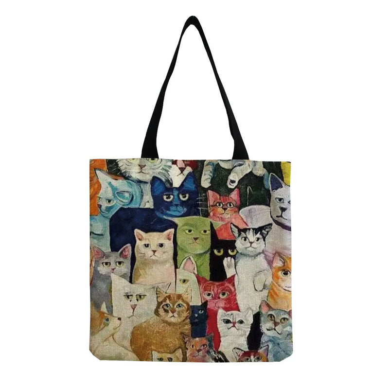 Women's Cartoon Cat Group Tote Bag - High Capacity Beach Shopping Shoulder Bag