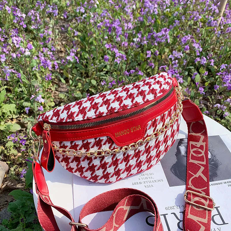 Women Waist Packs Crossbody Chest Bag Plaid PU Leather Fanny Pack