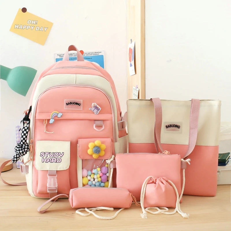 Women 5-Piece Set Backpack Cartoon School Bags High-Capacity Girls Tote