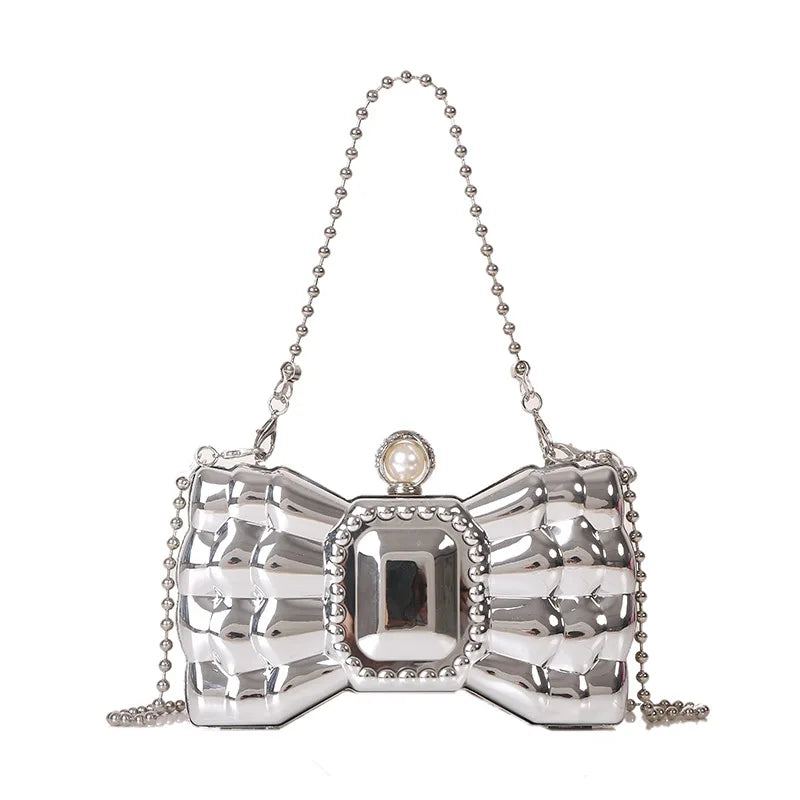 Bow Silver Metal Clutch Purses Women Acrylic Evening Bags Wedding Party