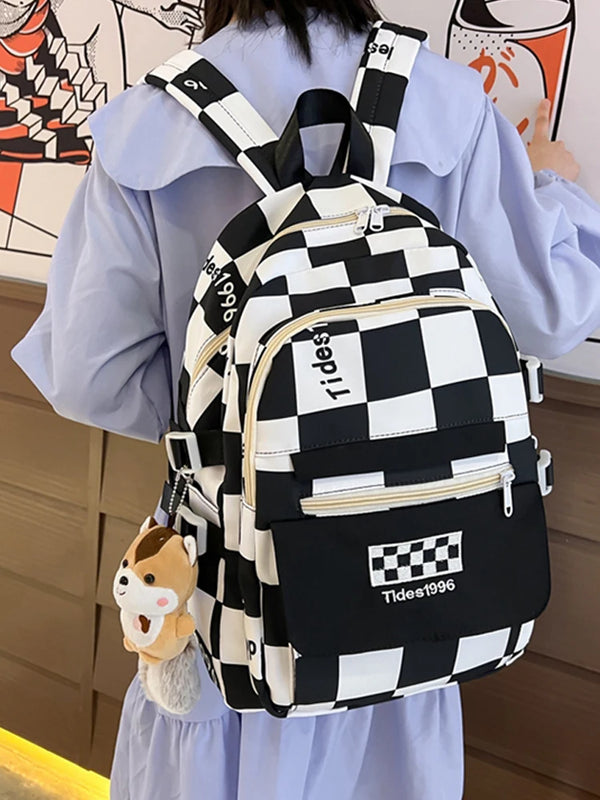 Women Backpack Checkerboard Laptop Nylon Large Capacity Stylish School Bag