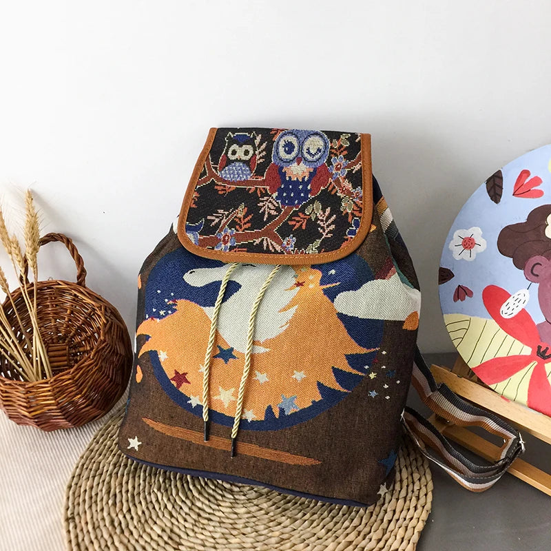 Women Anime Backpack Owl Canvas Shoulder Bag Junior Girls Printed Messenger Bag