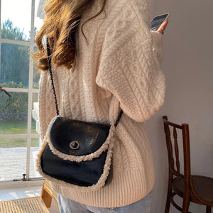 Women Autumn Winter Patchwork Chain Lamb Wool Messenger Bag