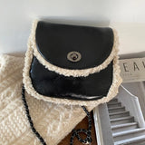Women Autumn Winter Patchwork Chain Lamb Wool Messenger Bag