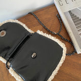 Women Autumn Winter Patchwork Chain Lamb Wool Messenger Bag