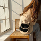 Women Autumn Winter Patchwork Chain Lamb Wool Messenger Bag