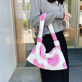 Women Fluffy Plush Shoulder Bag Retro Large Capacity Casual Zipper Handbag