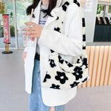 Women Fluffy Plush Shoulder Bag Retro Large Capacity Casual Zipper Handbag