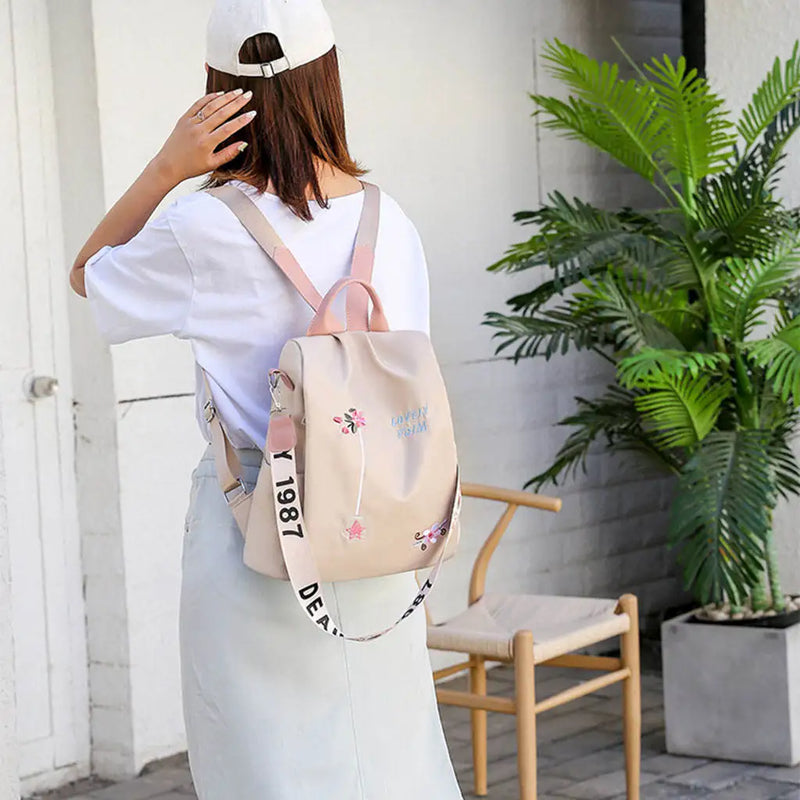 Women Backpack Casual Nylon Flower Embroidered Shoulder School Book Bags