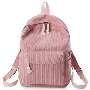 Corduroy School Backpack for Teenage Girls - Striped Rucksack Travel Bag
