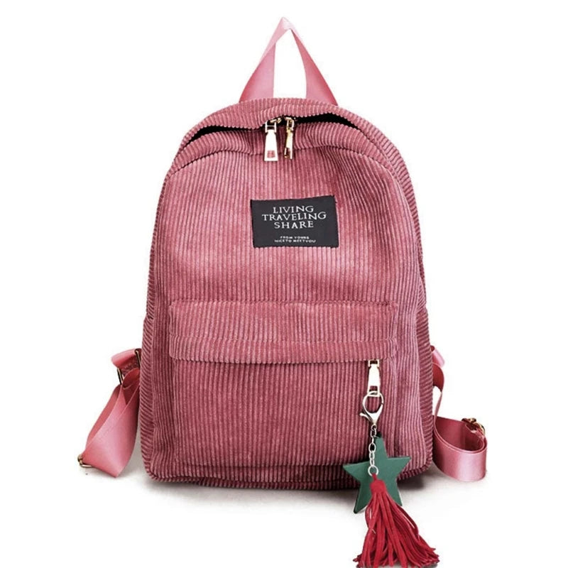 Women Backpack Corduroy School Bookbag Tassel Daypack Large Capacity