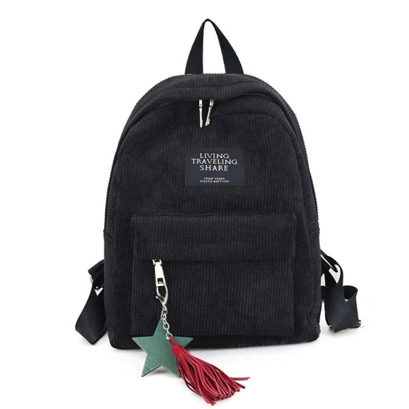 Corduroy Women Backpack Tassel Daypack Large Capacity for Teenager Girls