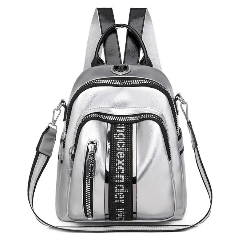 Women Backpack Multifunctional PU Leather Small Bagpack Silver